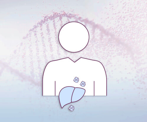 Icon of a person with their liver surrounded by Factor VIII proteins.