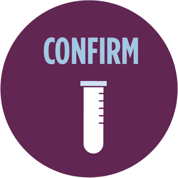 Icon of a circle with a test tube and the word confirm.